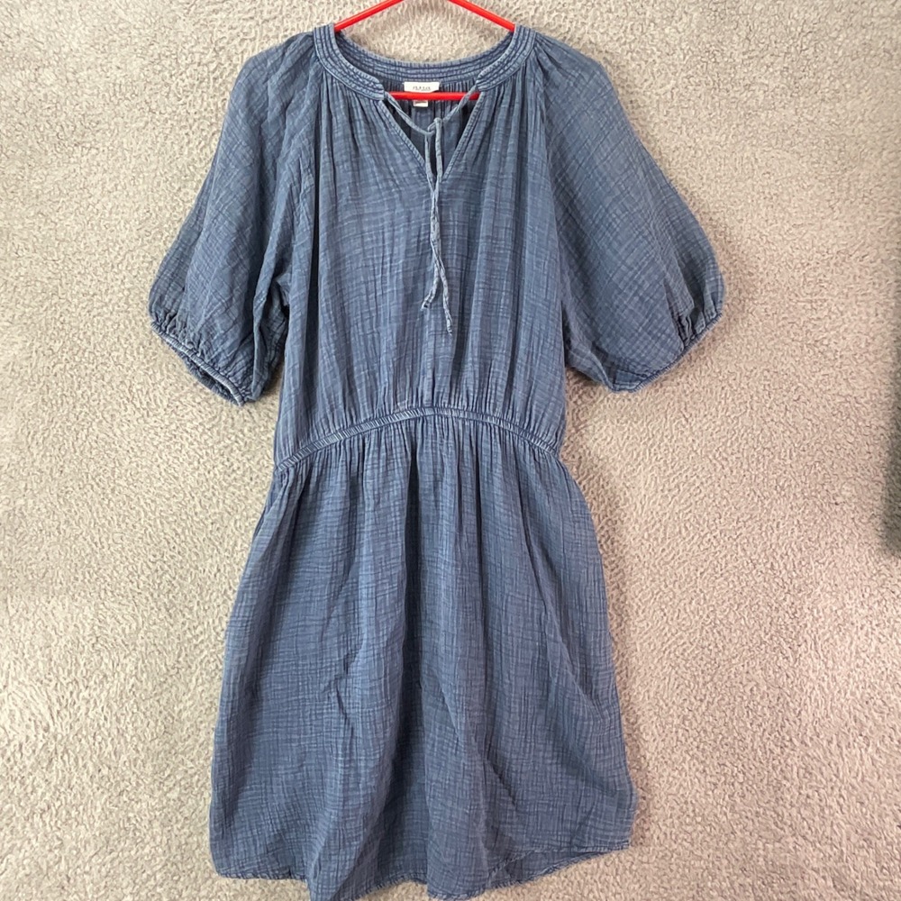a.n.a Cotton Gauze Dress Womens L Blue Faded Puff‎ Sleeve Pockets Boho Split V